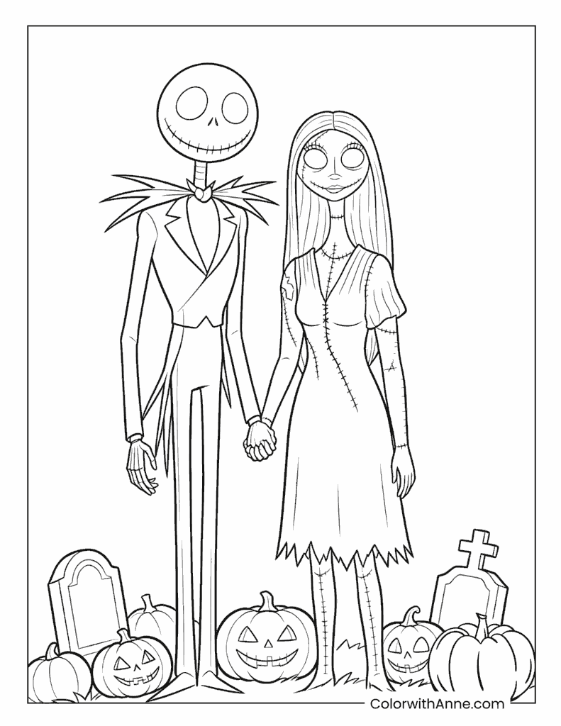 Jack Skellington and Sally Among Pumpkins Coloring Page