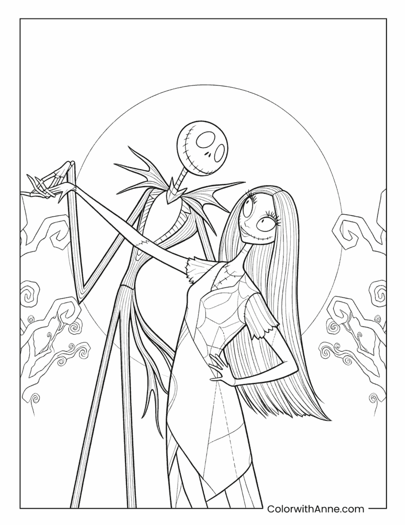 Jack Skellington and Sally Under the Moon Coloring Page