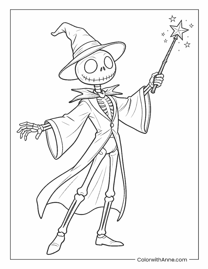 Jack Skellington as a Wizard with a Magic Wand Coloring Page