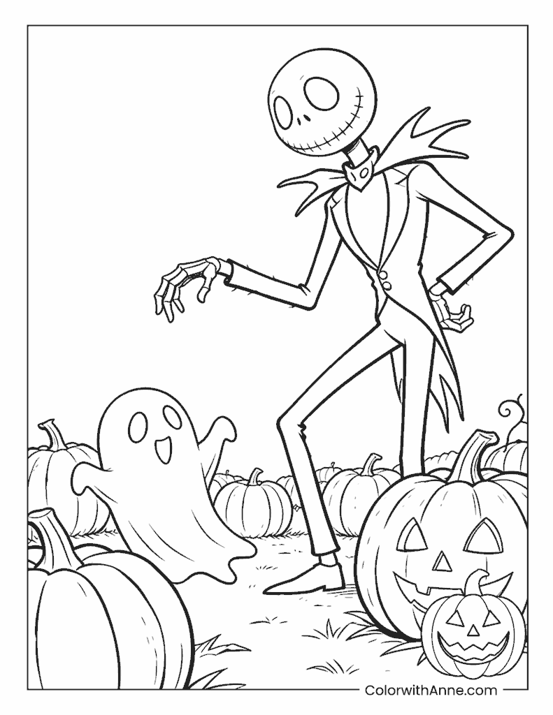 Jack Skellington in a Pumpkin Patch with Ghosts Coloring Page