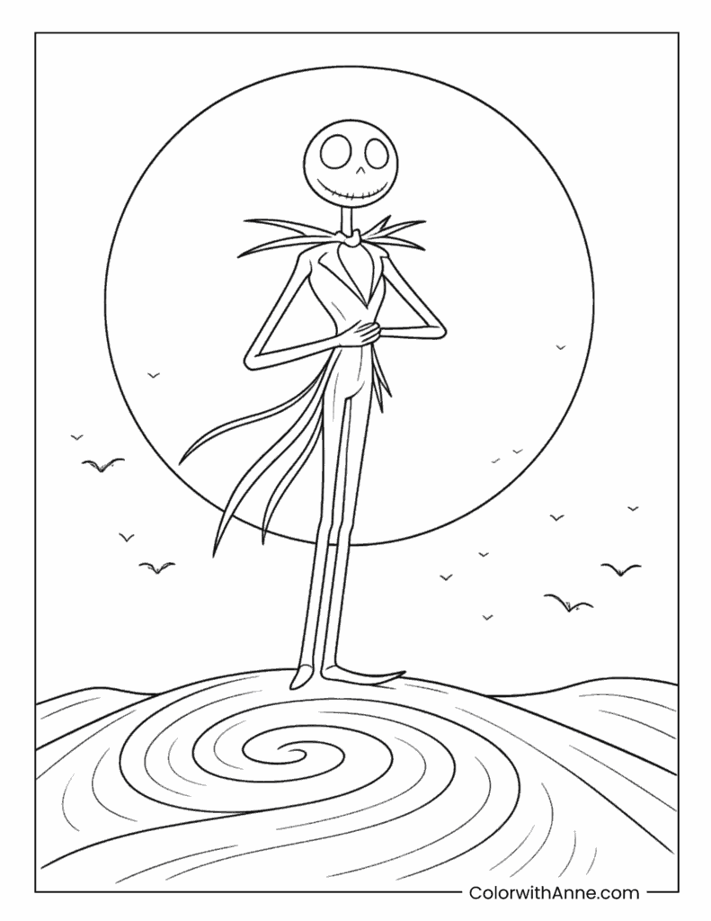 Jack Skellington on Spiral Hill Under the Moon Coloring Page