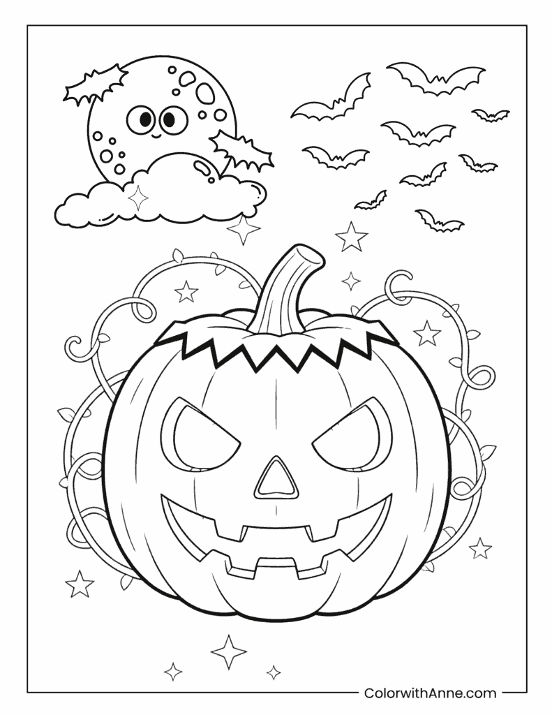 Jack-o-Lantern with Bats and Moon Coloring Page