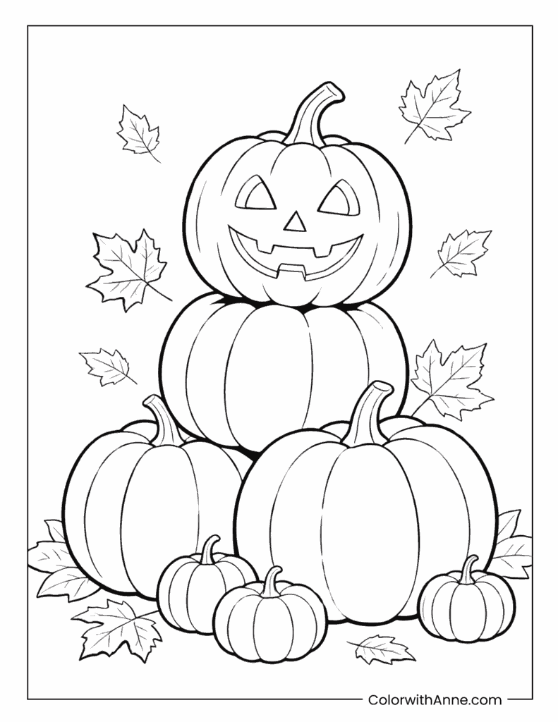 Jack-o-Lanterns with Autumn Leaves Coloring Page