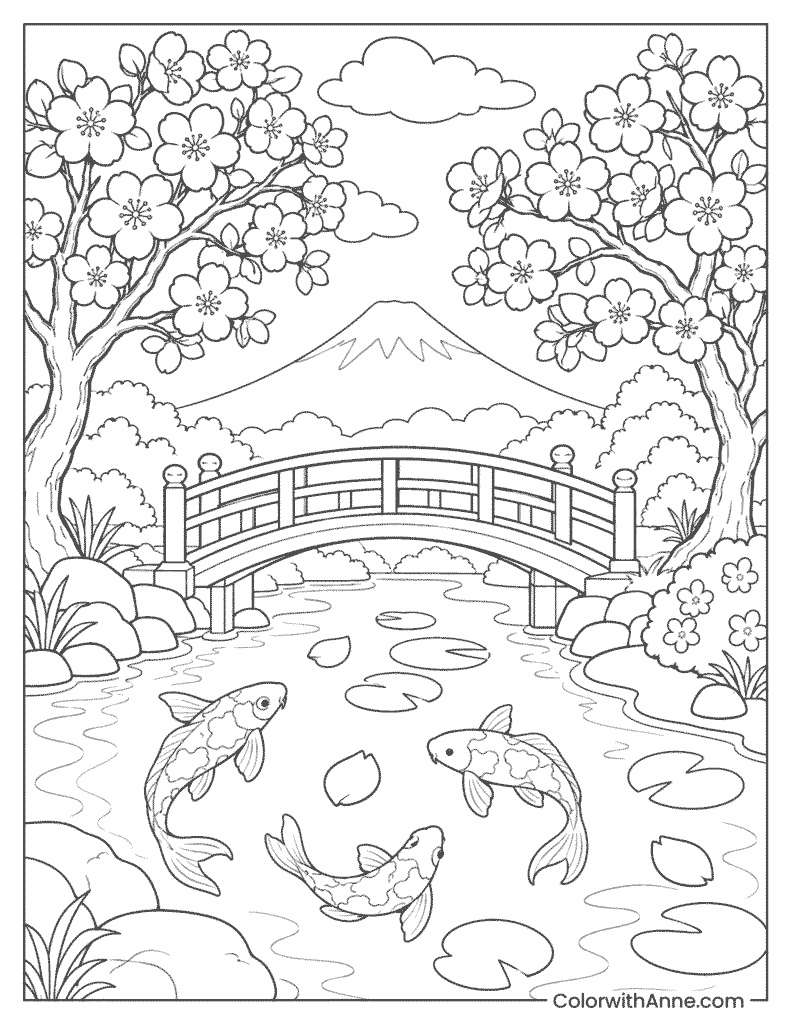 Japanese Cherry Blossom Landscape Coloring Page