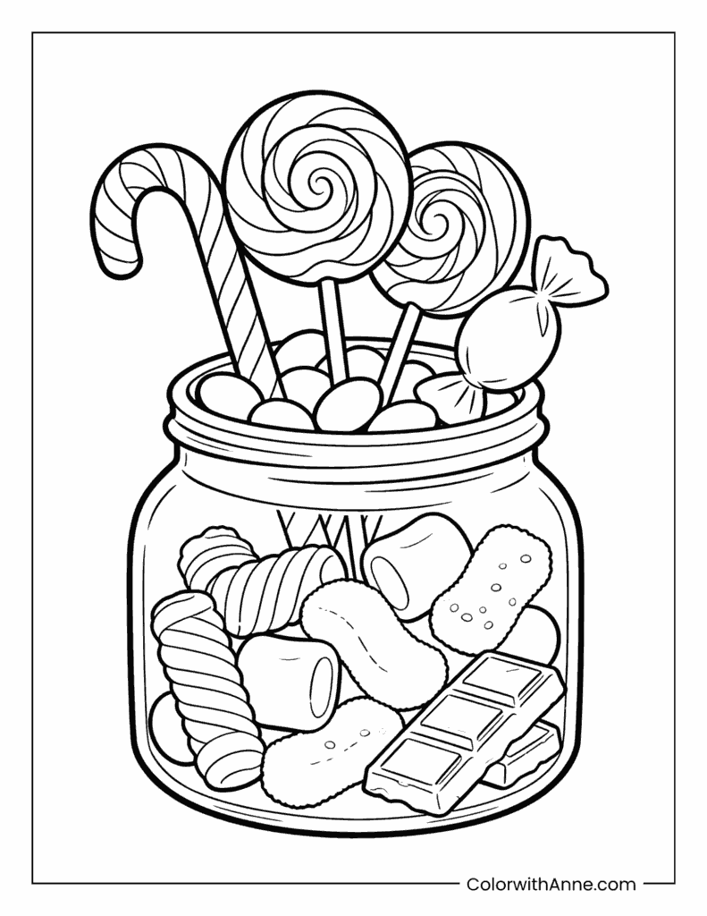 Jar Full of Colorful Candies Coloring Page