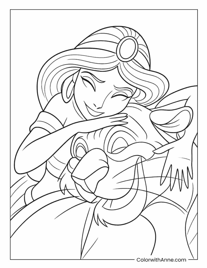 Jasmine Hugging Magic Rajah Tiger Coloring Page