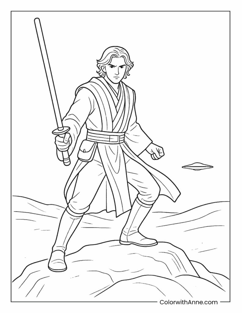 Jedi Warrior With Lightsaber On Rocky Planet Coloring Page