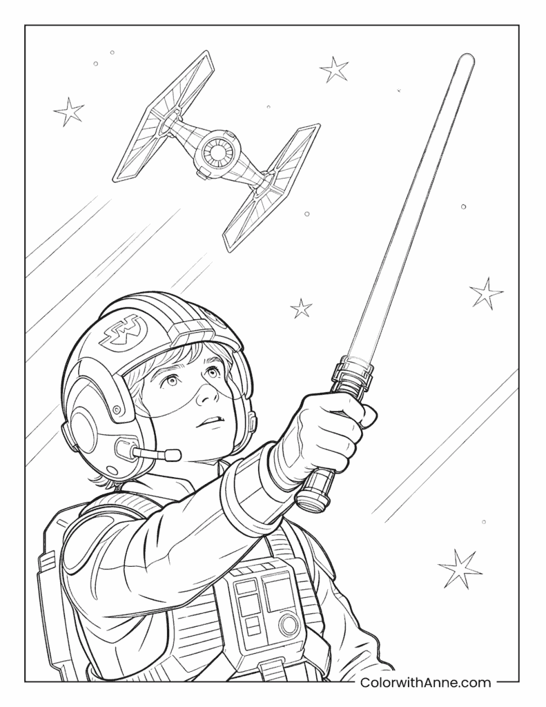 Jedi with Lightsaber and Starfighter Star Wars Coloring Page