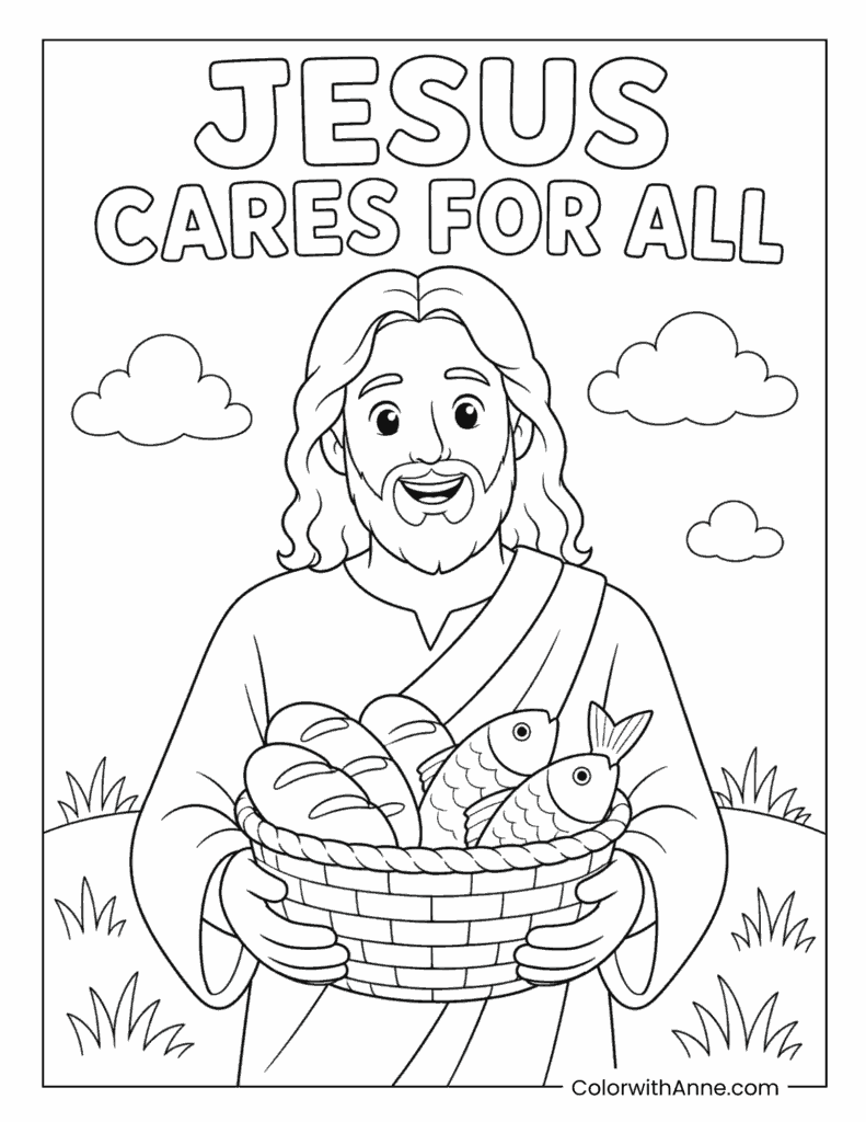 Jesus Cares for All with Bread and Fish Coloring Page