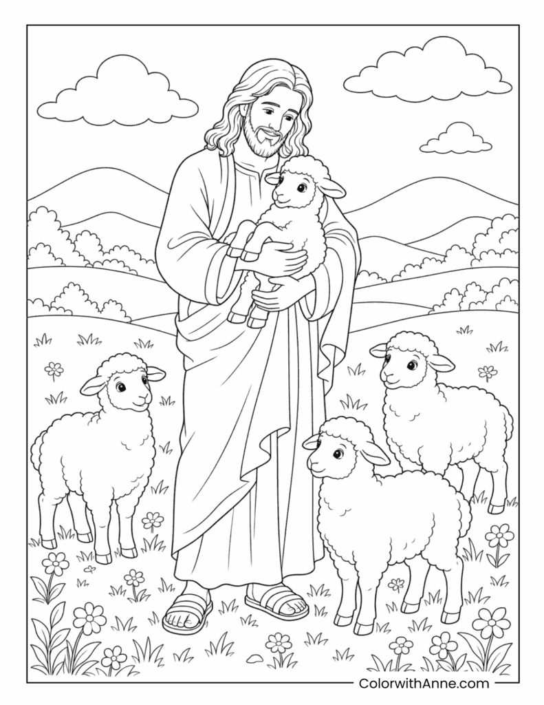 Jesus Caring for His Sheep in the Meadow Coloring Page