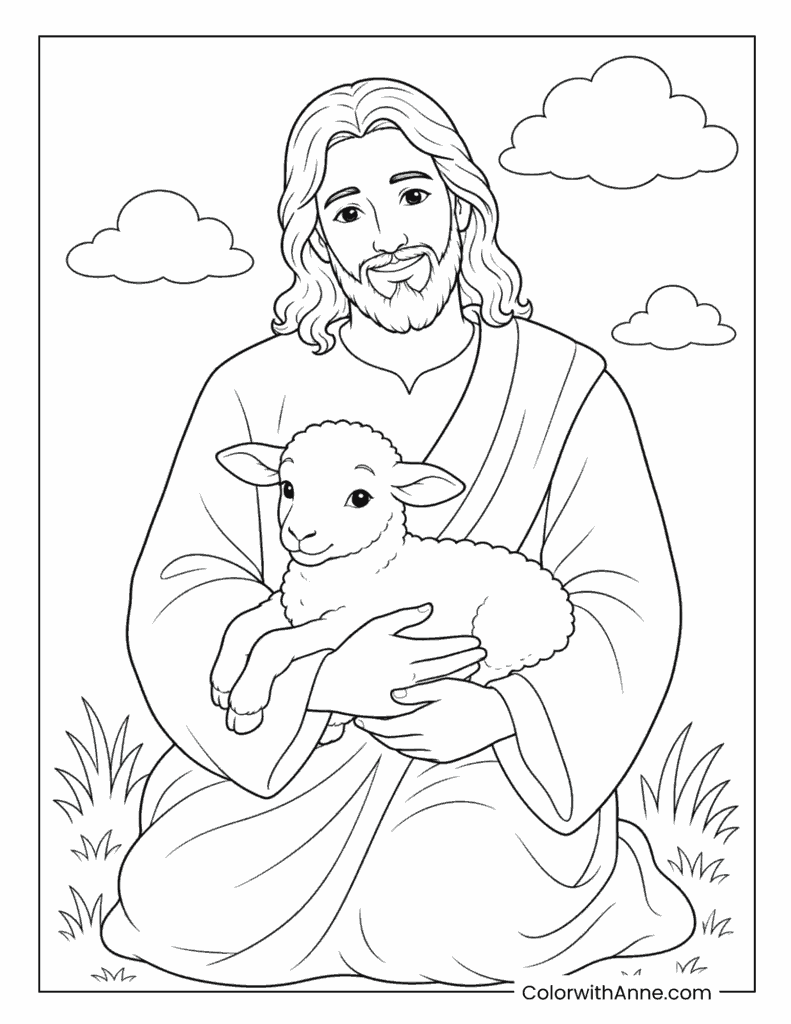Jesus Gently Holding a Little Lamb Coloring Page