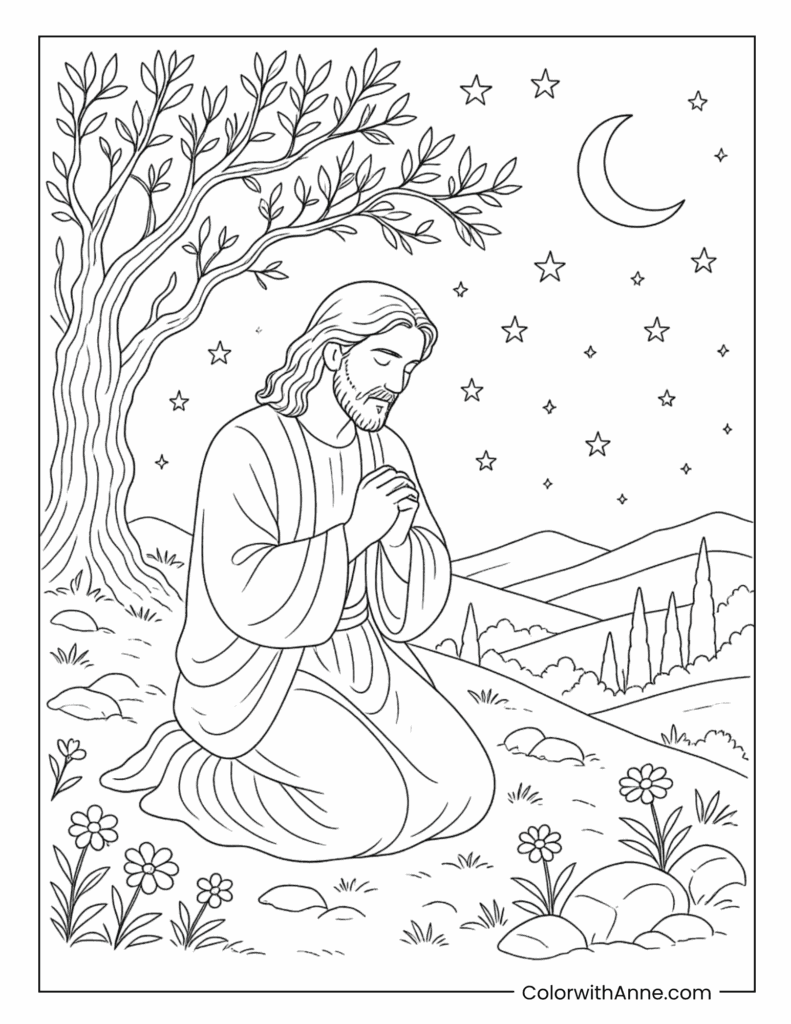 Jesus Praying Beneath the Stars Coloring Page