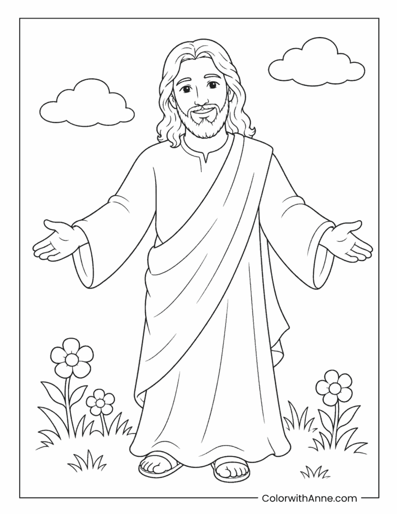 Jesus Standing Among the Flowers Coloring Page