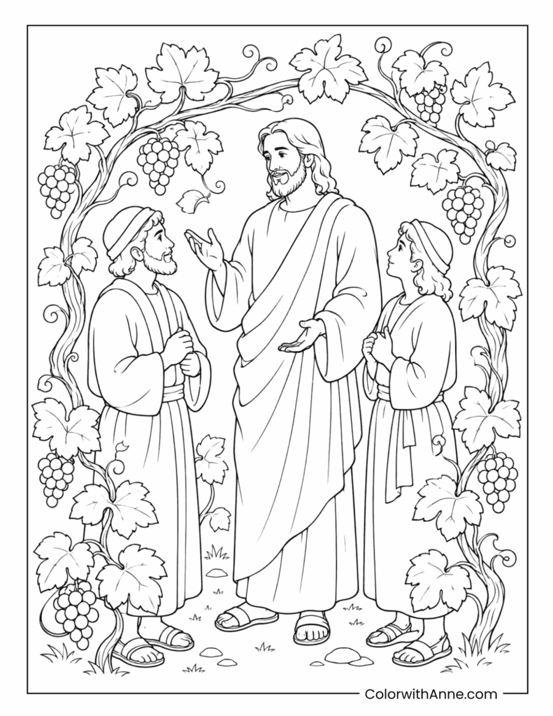 Jesus Teaching His Disciples Among the Grapevines Coloring Page