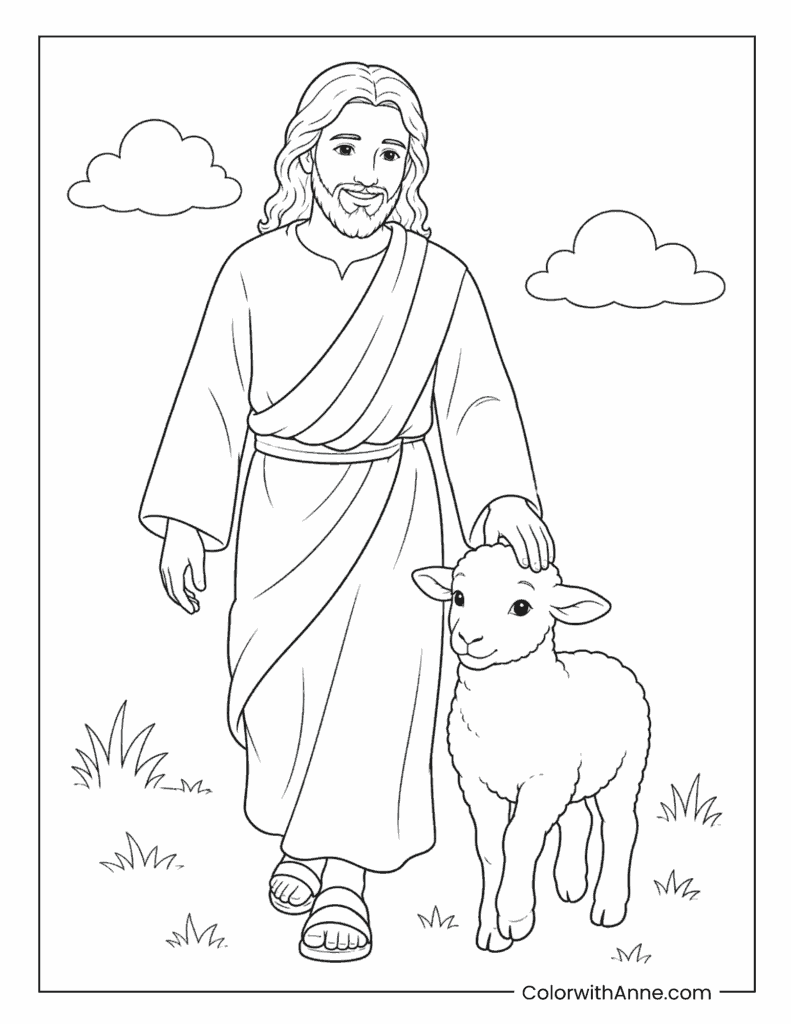 Jesus the Good Shepherd with a Lamb Coloring Page