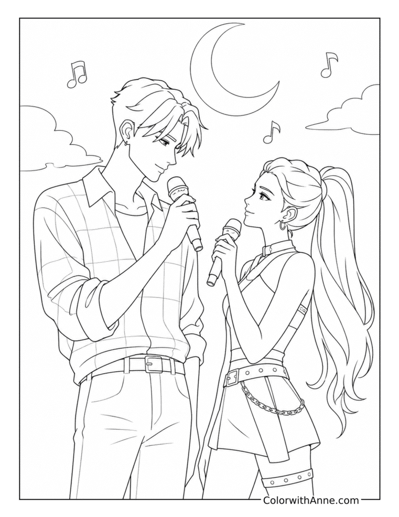 Jinu and Rumi’s Moonlit Duet Coloring Page