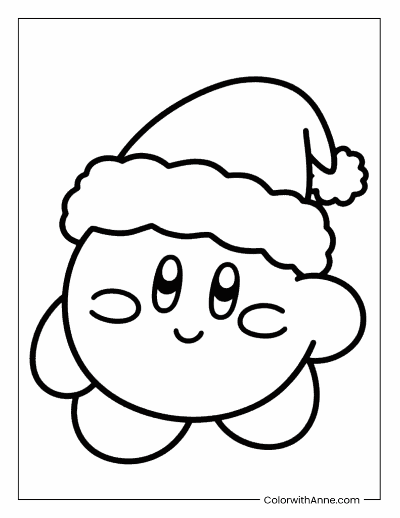 Jolly Kirby in a Santa Hat Coloring Page