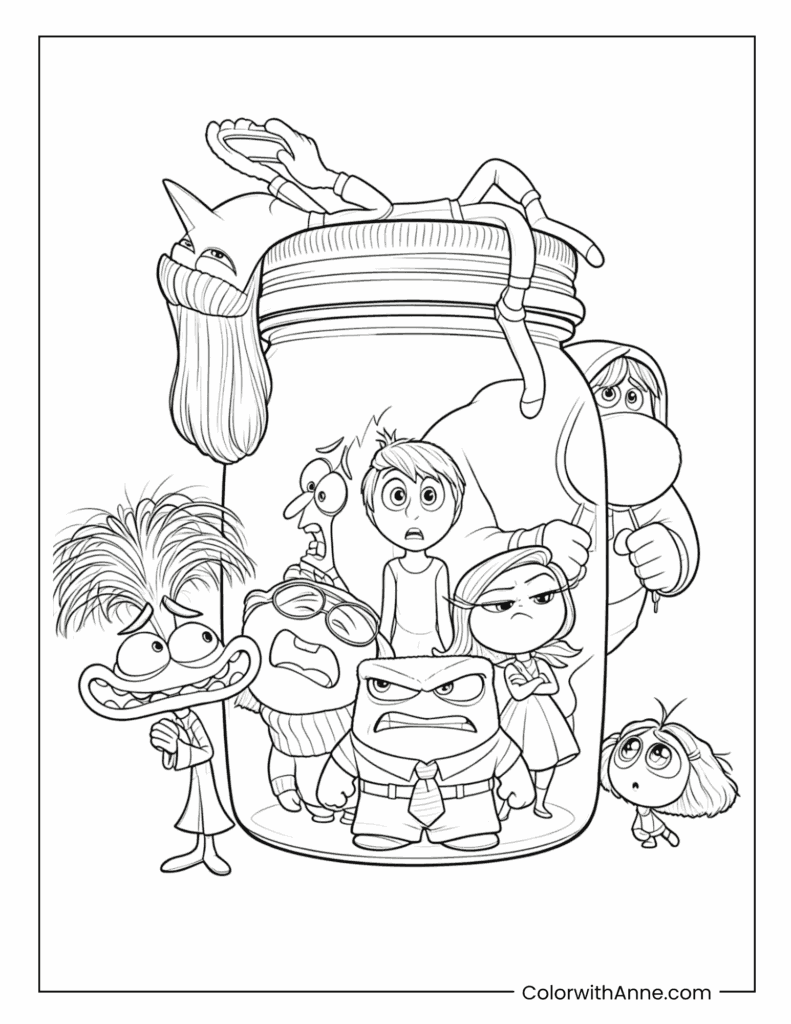 Joy, Sadness, Anger, Fear, and Disgust Locked in a Jar Coloring Page