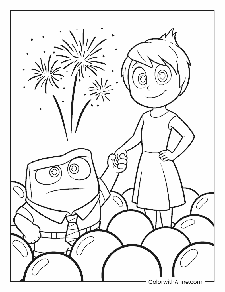 Joy and Anger on Orbs with Fireworks Inside Out Coloring Page