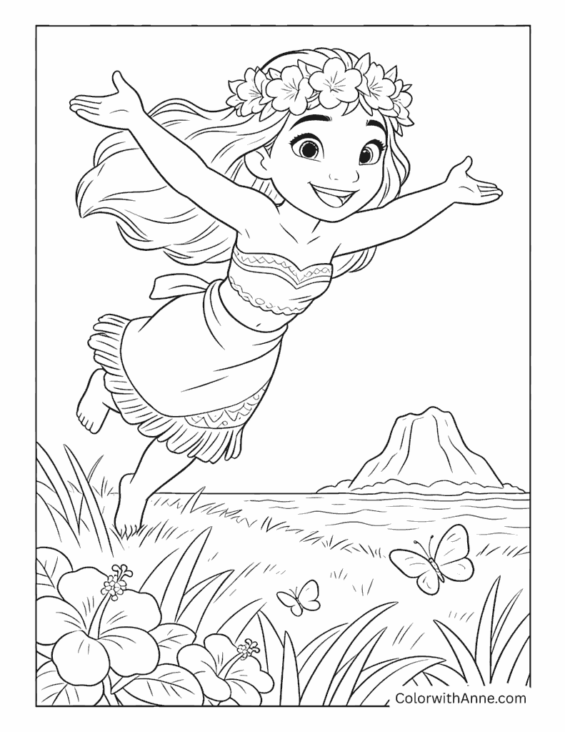 Joyful Moana Leaping by the Ocean Coloring Page