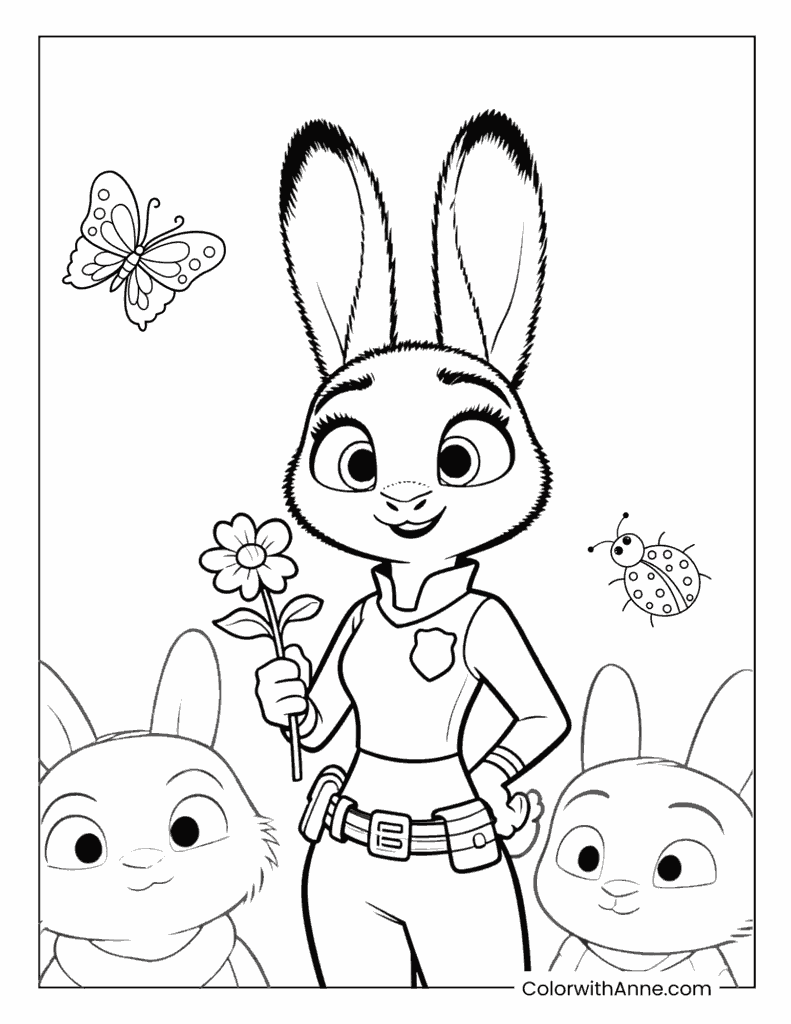 Judy Hopps Holding a Flower Coloring Page