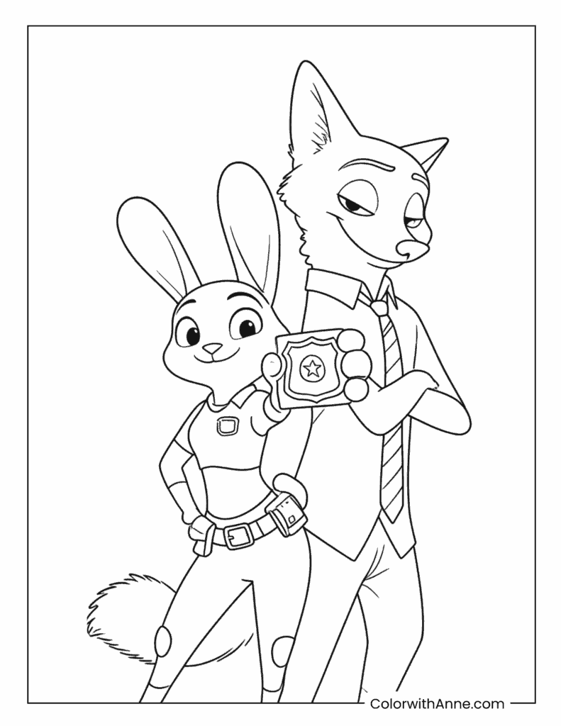 Judy Hopps and Nick Wilde Showing the Badge Coloring Page