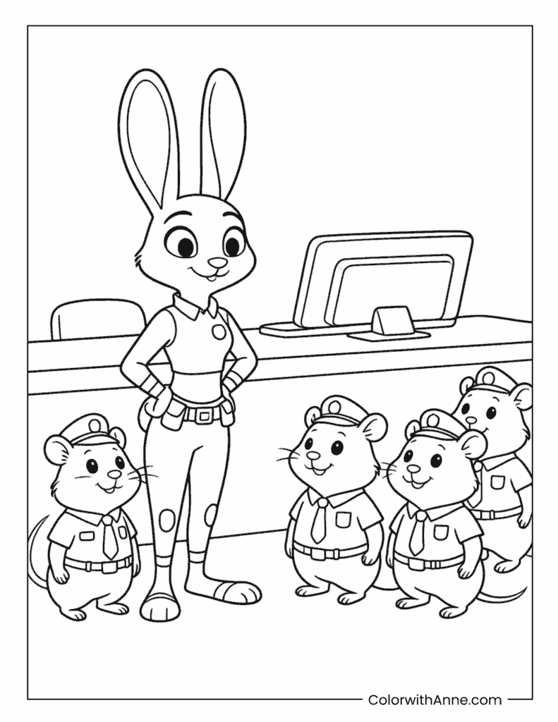 Judy Hopps at the ZPD with Little Officers Coloring Page