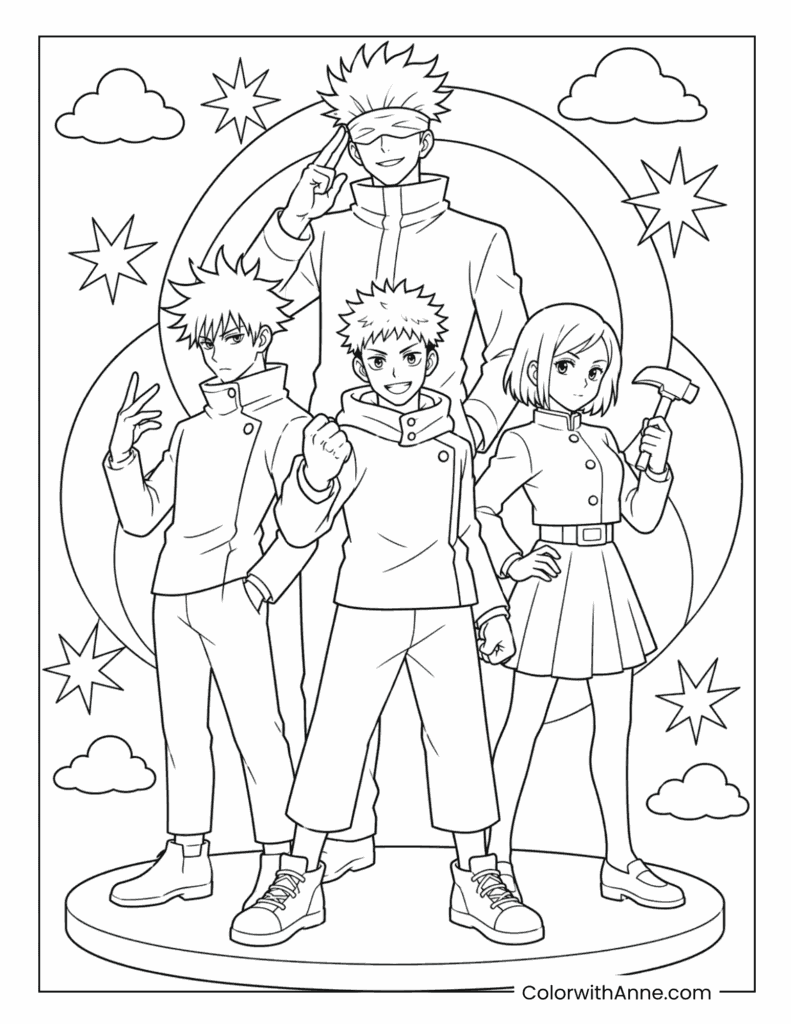 Jujutsu High Main Team Group Pose Coloring Page