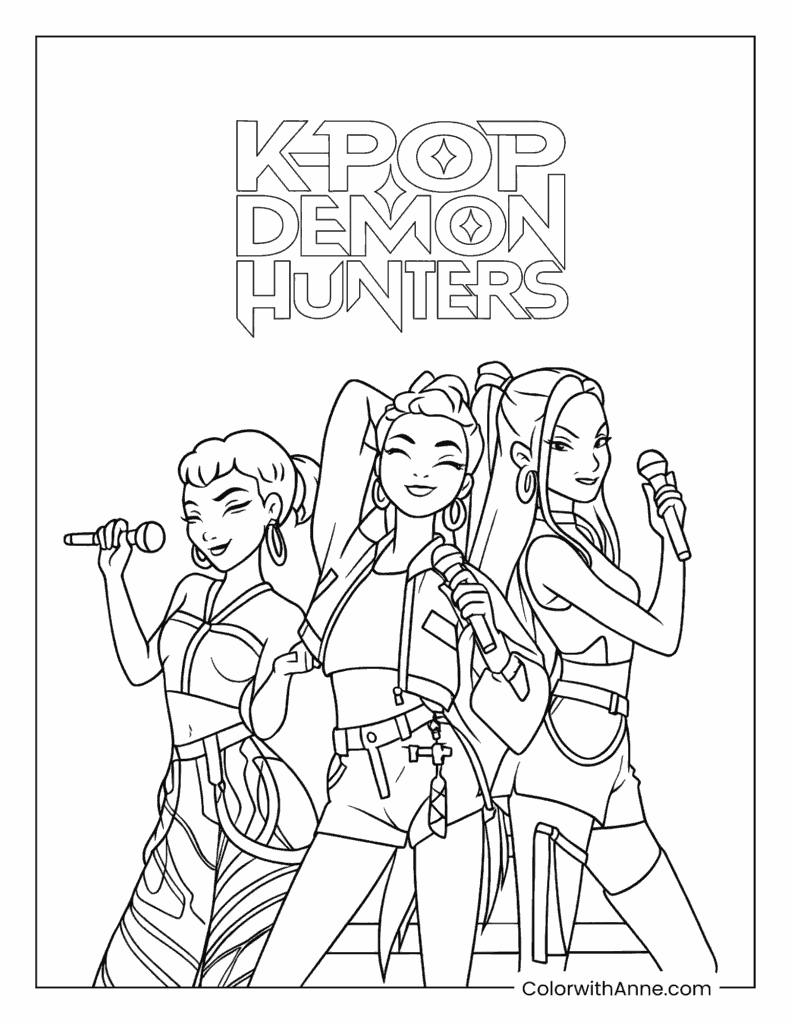 KPOP Superstars Rumi, Mira and Zoey Coloring Page