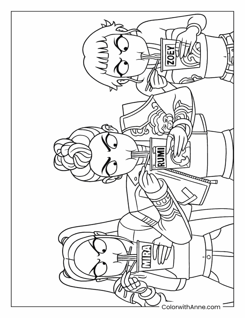 KPop Demon Hunters Ramen Noodle Challenge Coloring Page