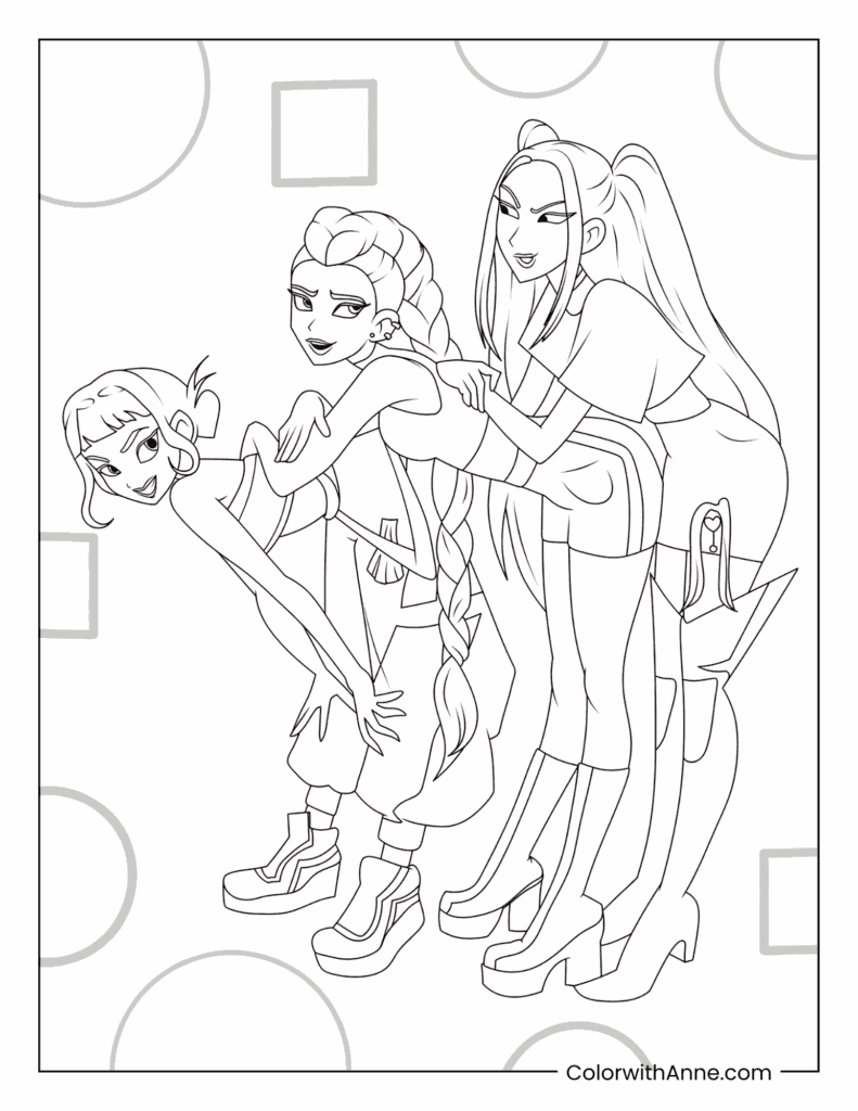 KPop Girl Group Huntrix Rumi Mira and Zoey Coloring Page