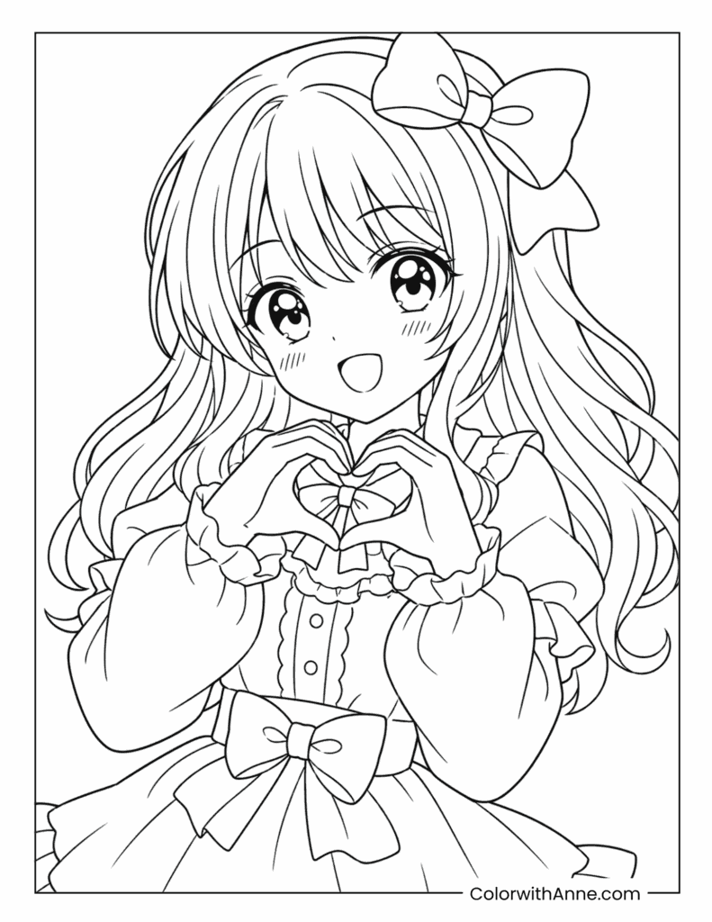 Kawaii Anime Girl Making a Heart with Her Hands Coloring Page