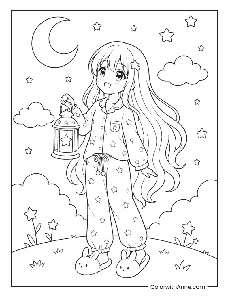 Kawaii Anime Girl in Pajamas with Lantern Coloring Page