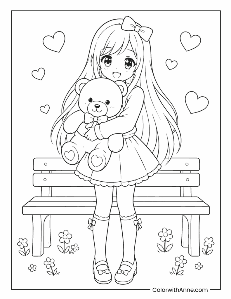 Kawaii Anime Girl with Teddy Bear Coloring Page