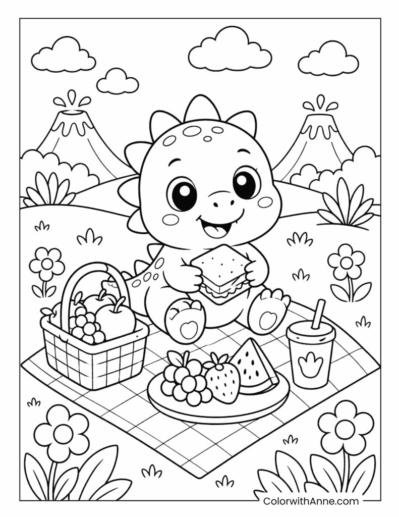 Kawaii Baby Dinosaur Enjoying a Fruit Picnic Outdoors Coloring Page