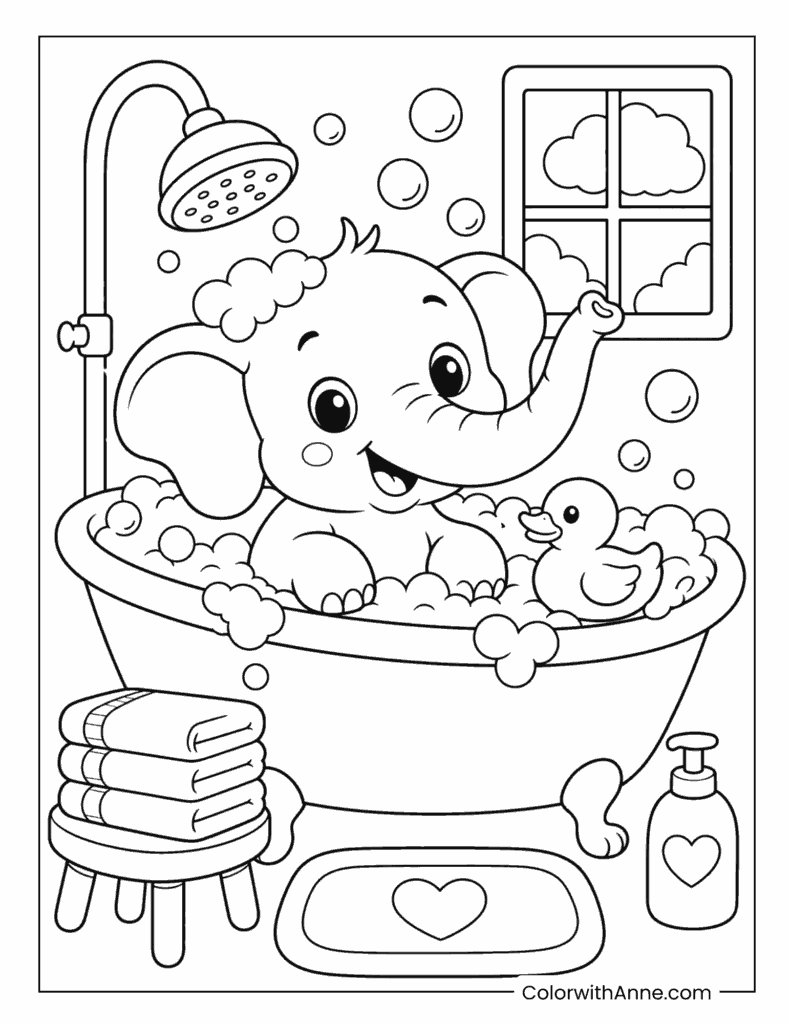 Kawaii Baby Elephant Taking a Bubble Bath with a Duck Coloring Page