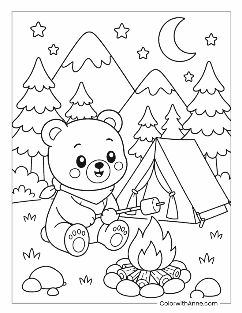 Kawaii Bear Roasting Marshmallows at a Cozy Campsite Coloring Page