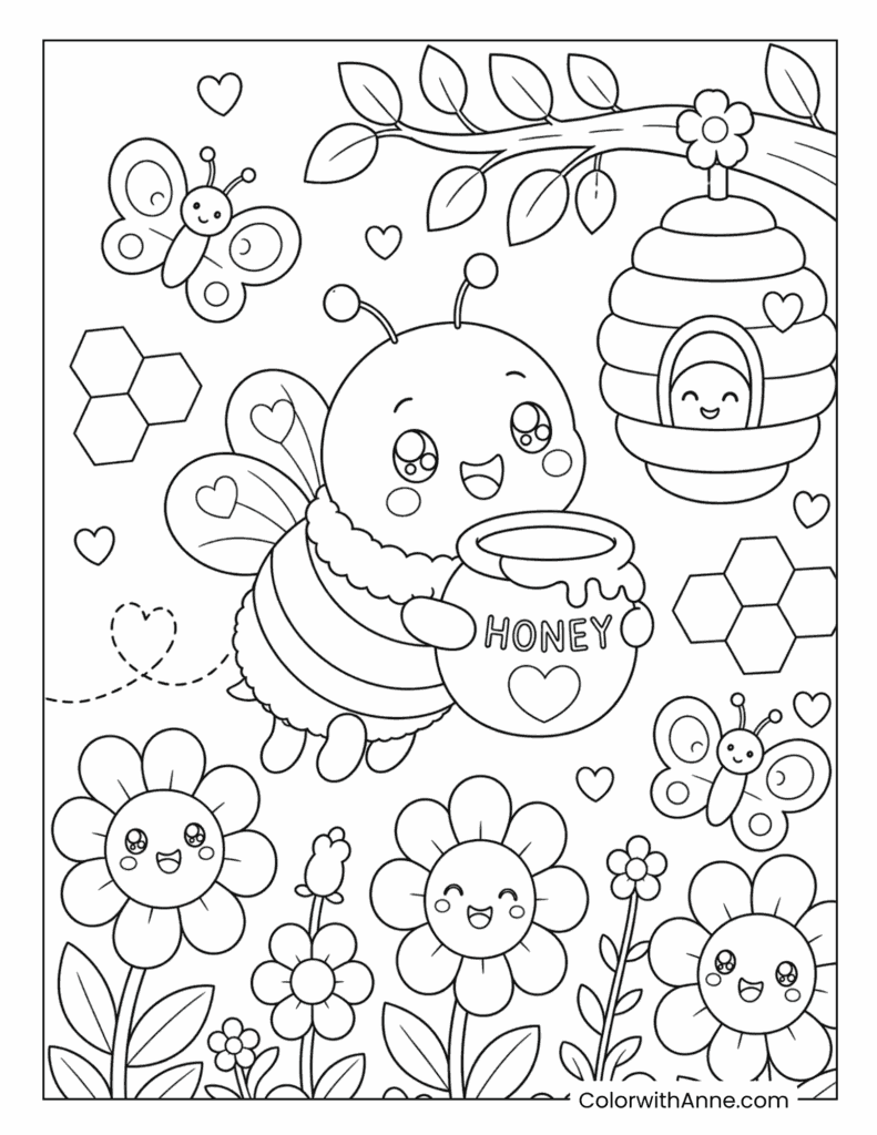 Kawaii Bee with Honey Pot and Beehive Coloring Page