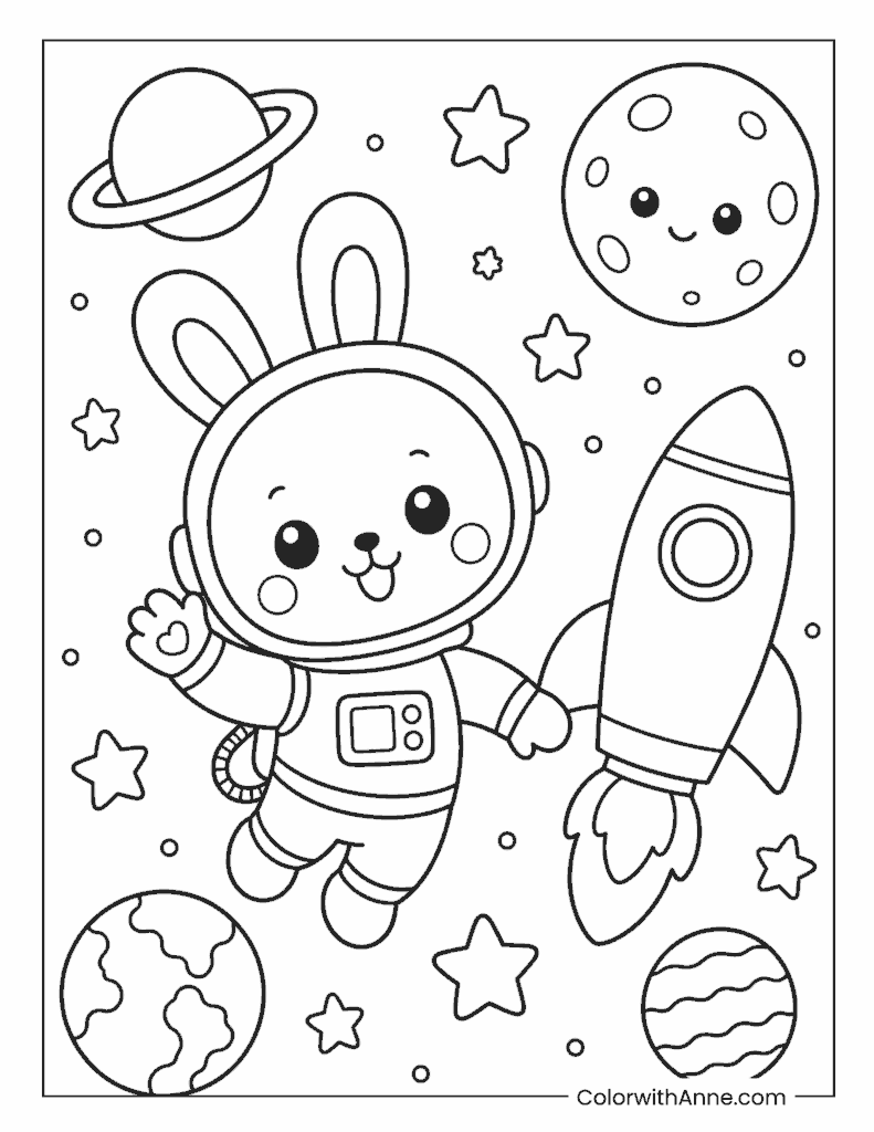 Kawaii Bunny Astronaut Floating in Space Beside a Rocket Coloring Page