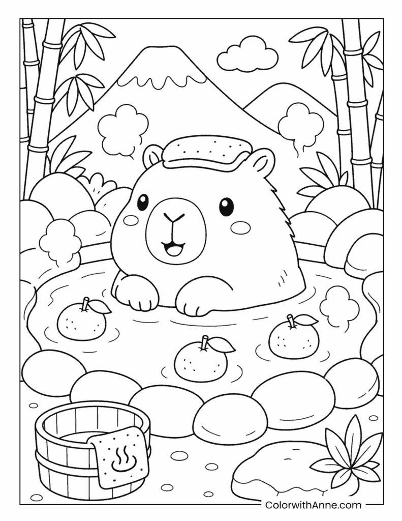 Kawaii Capybara in a Hot Spring Coloring Page