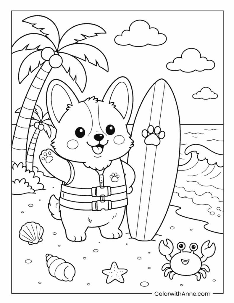 Kawaii Corgi with Surfboard Coloring Page