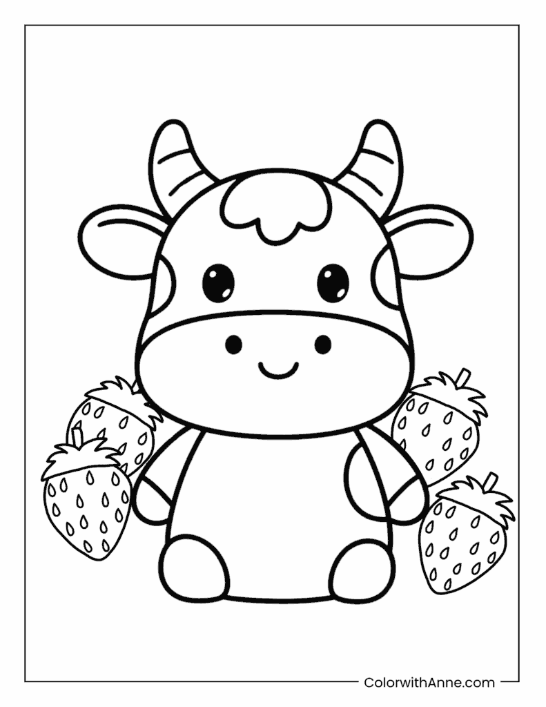 Kawaii Cow Surrounded by Strawberries Coloring Page