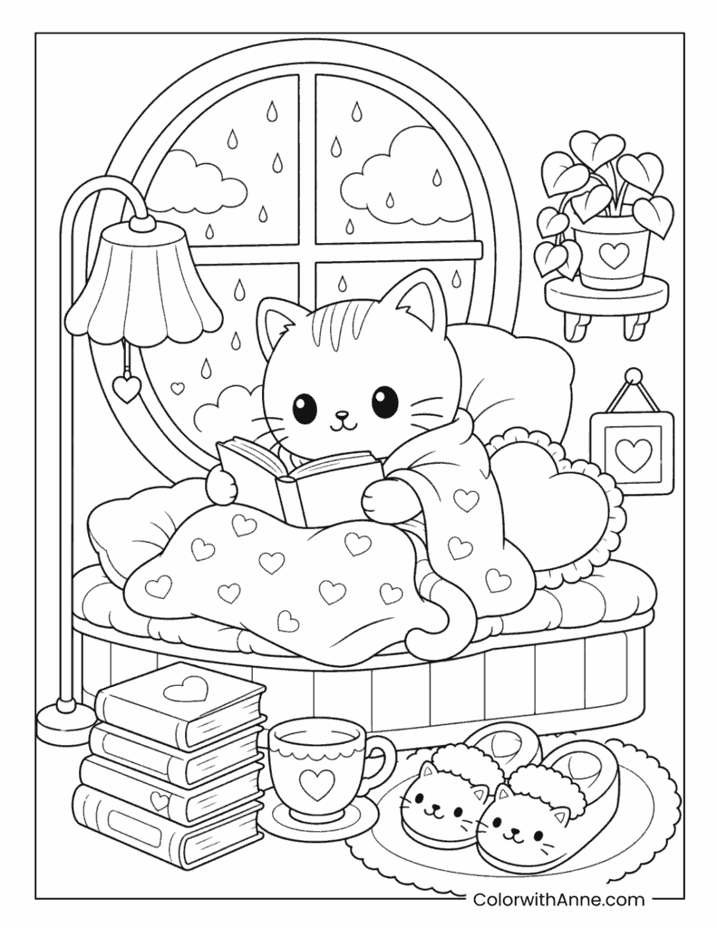Kawaii Cozy Reading Cat Coloring Page