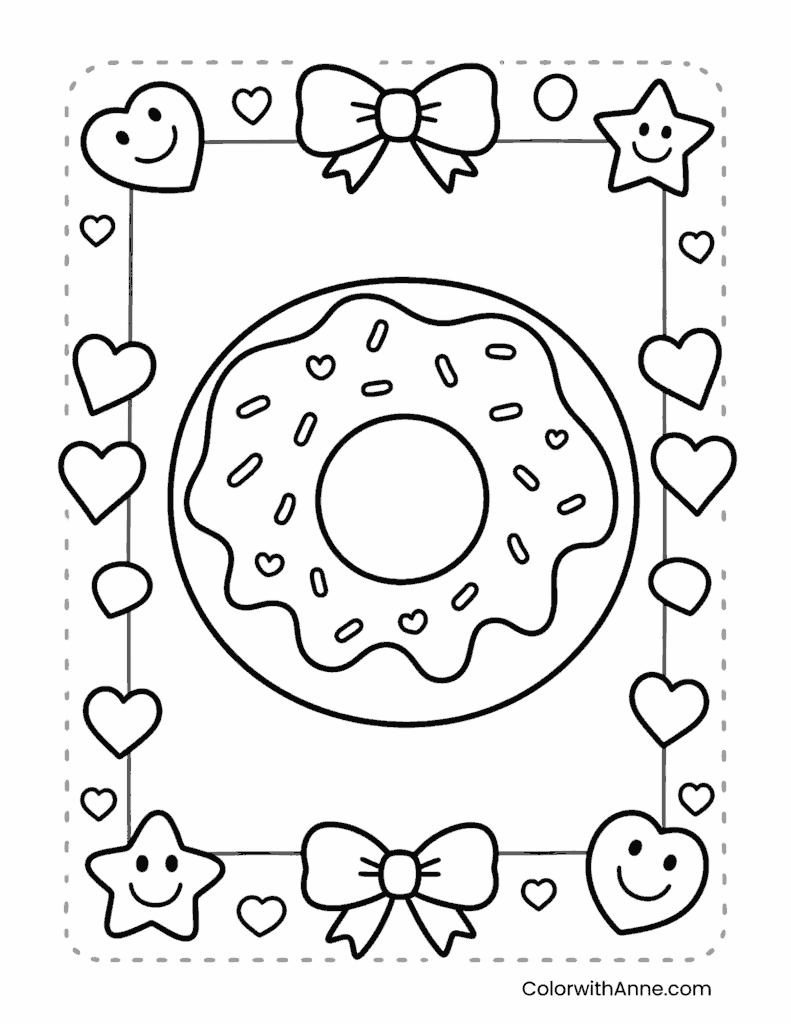 Kawaii Donut with Bows and Hearts Coloring Page