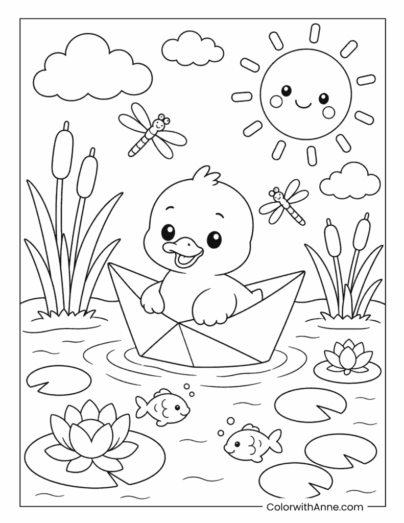 Kawaii Duck in a Paper Boat Pond Coloring Page