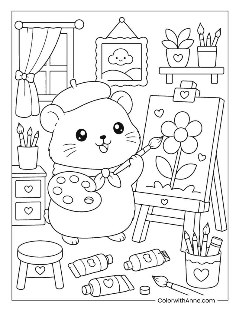 Kawaii Hamster Painting in an Art Studio Coloring Page
