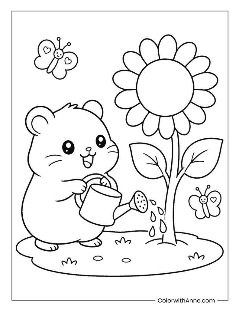 Kawaii Hamster Watering a Sunflower Coloring Page