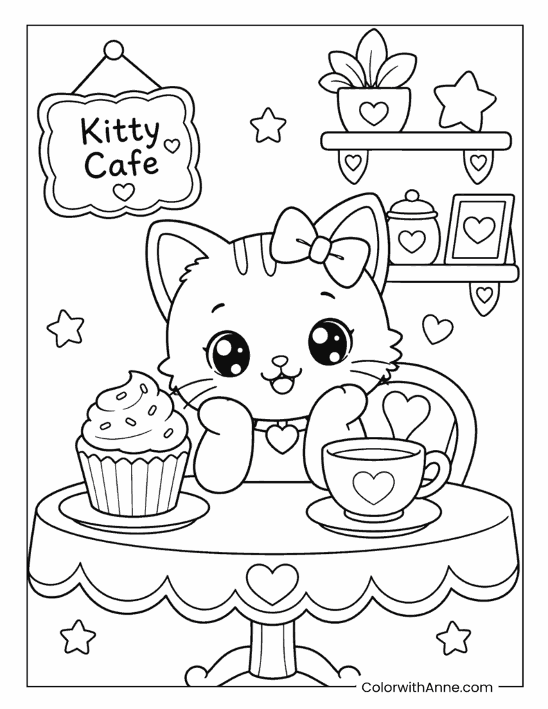 Kawaii Kitty Café with Cupcake and Tea Cup Coloring Page
