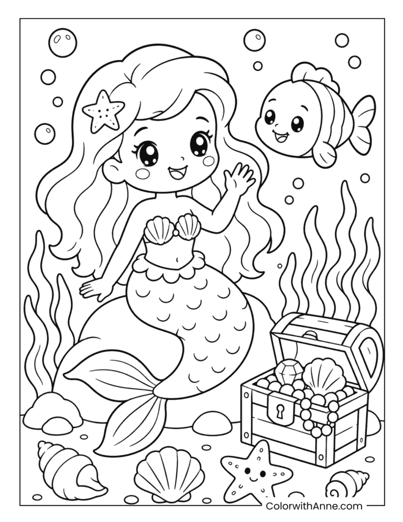 Kawaii Little Mermaid Swimming Beside a Treasure Chest Coloring Page