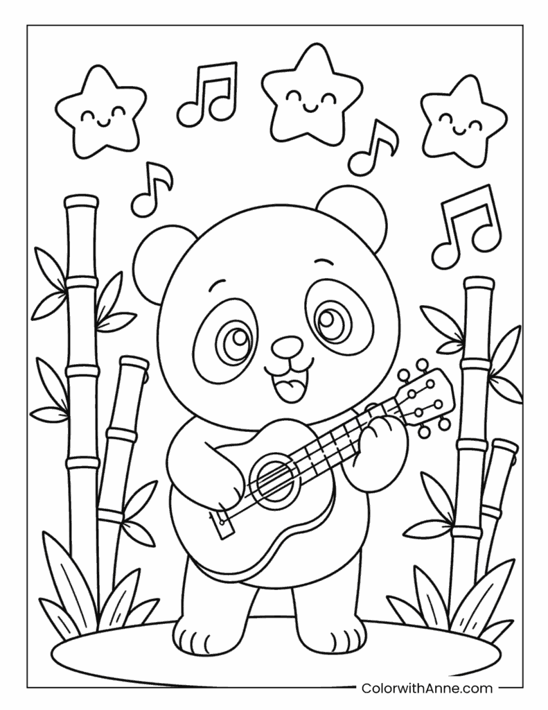 Kawaii Panda Playing Guitar Coloring Page